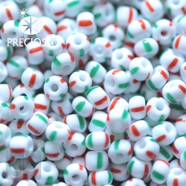 Preciosa STRIPED rokajl 6/0 4,1 mm B�l� �erven� Zelen� 03950 20 g
